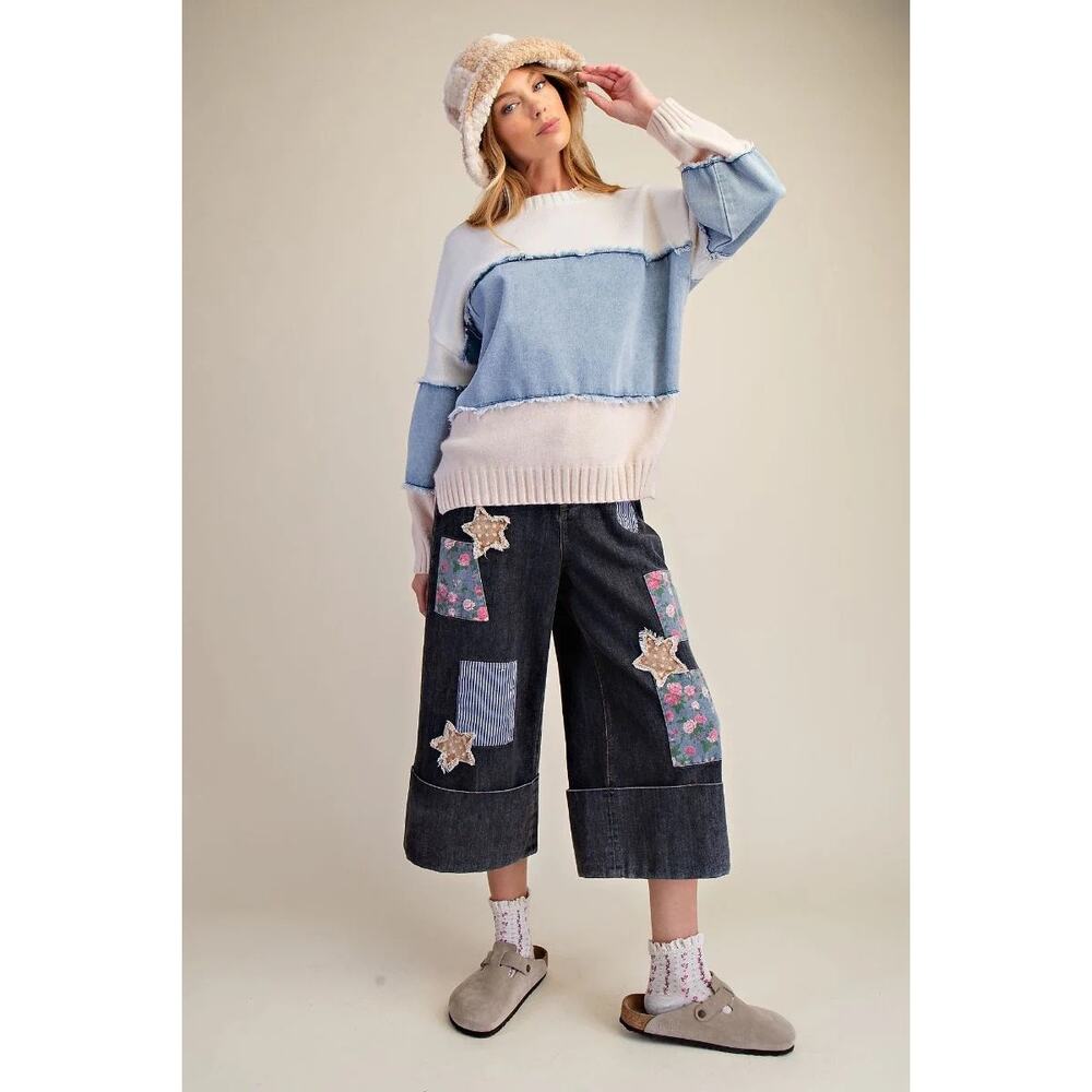Easel Rose Patch Black Denim Cropped Jeans - Picture 4 of 5